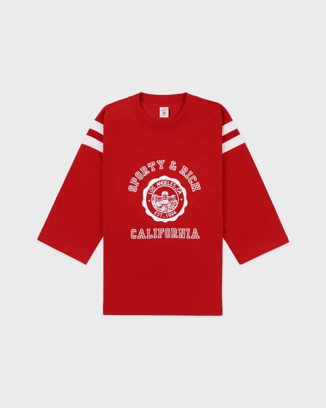 California Emblem Long Football Tee - Ruby/White sold by Sporty and Rich