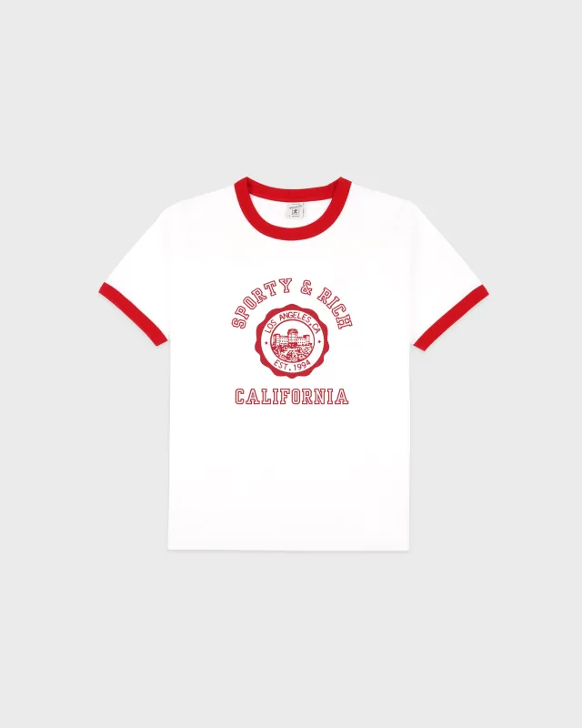 California Emblem Ringer Tee - White/Ruby sold by Sporty and Rich