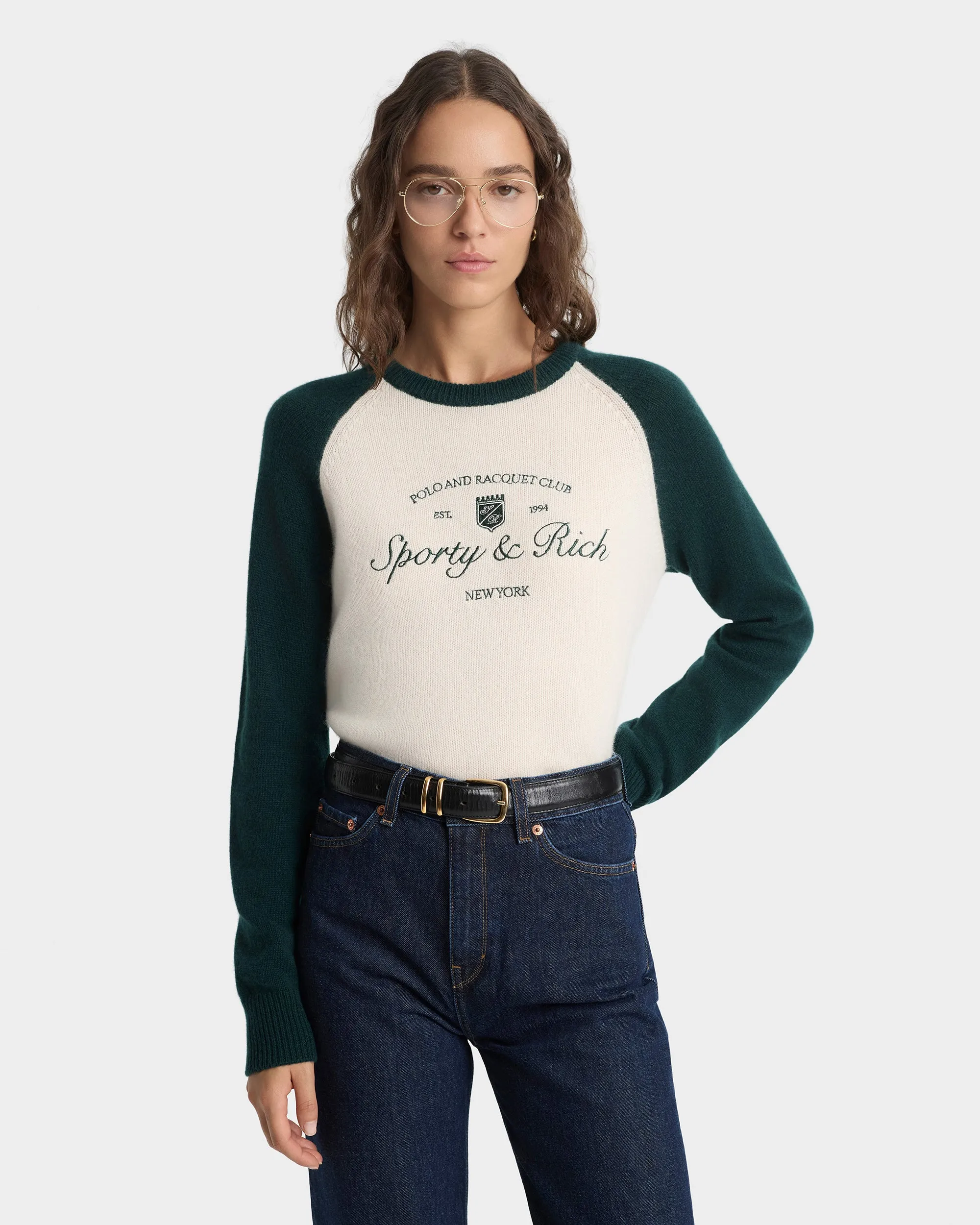 Syracuse Cashmere Baseball Sweater - Ecru/Forest sold by Sporty and Rich product image thumbnail 2