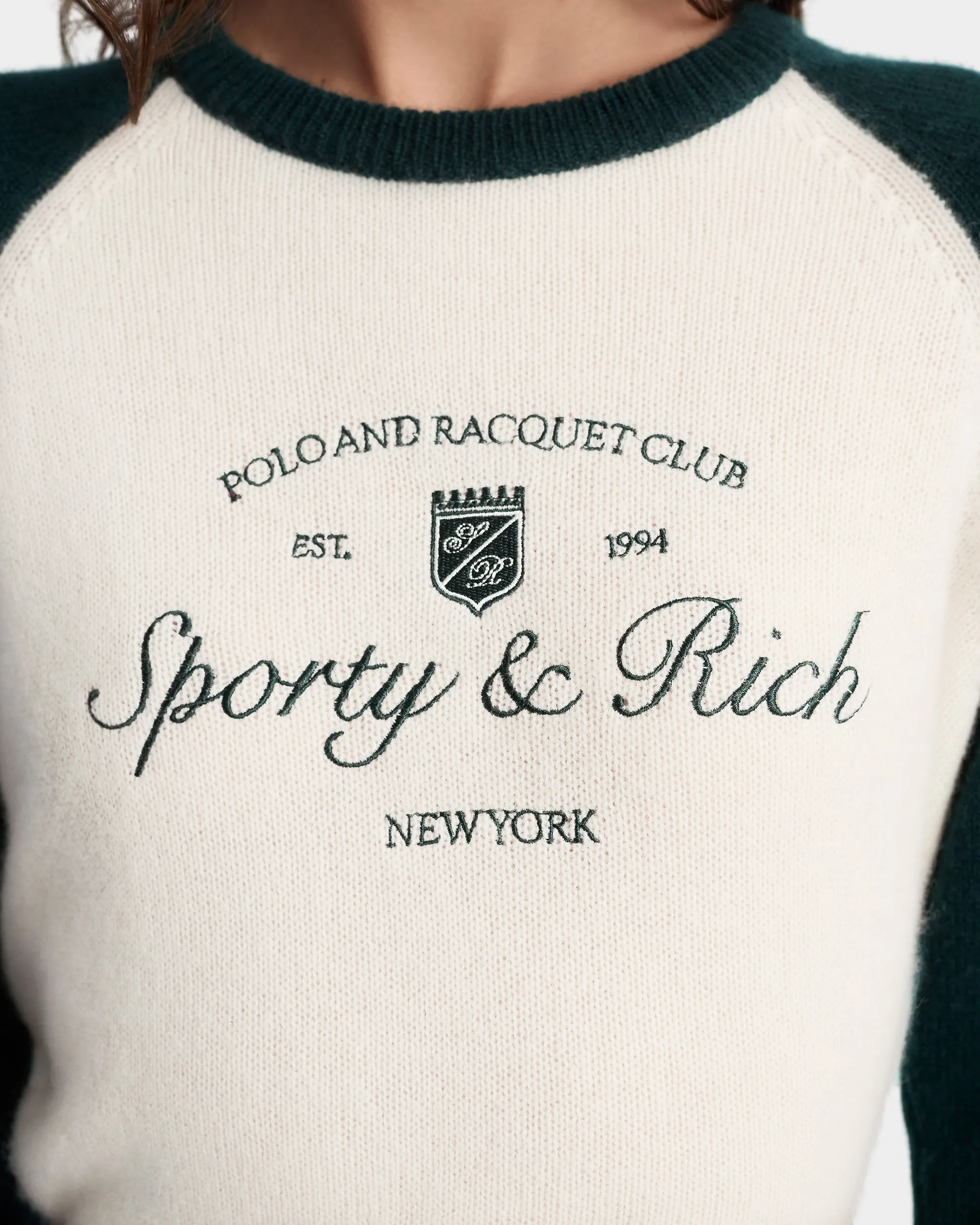 Syracuse Cashmere Baseball Sweater - Ecru/Forest sold by Sporty and Rich product image thumbnail 3