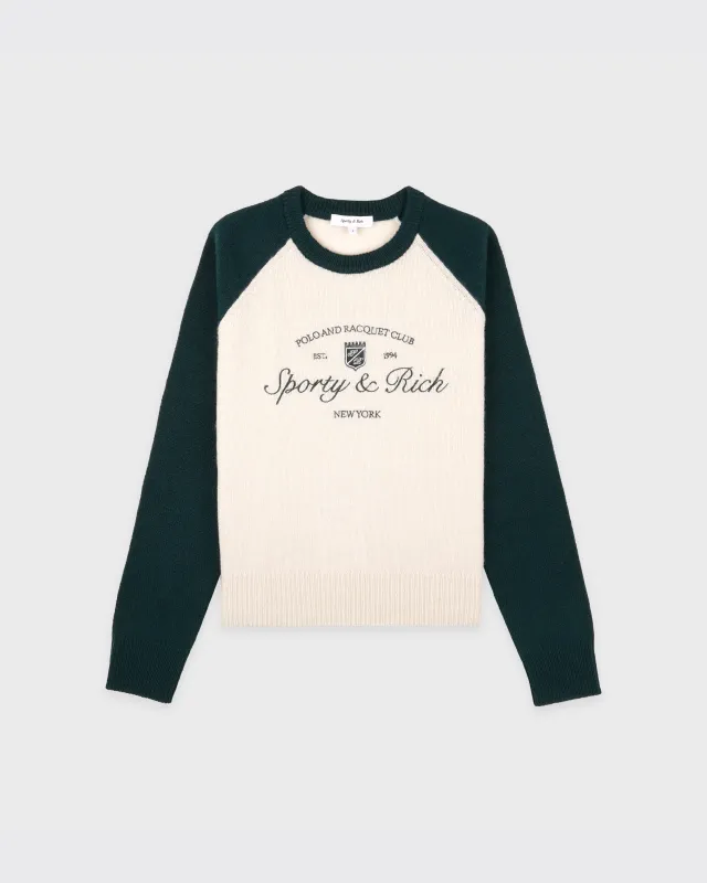 Syracuse Cashmere Baseball Sweater - Ecru/Forest made by Sporty and Rich