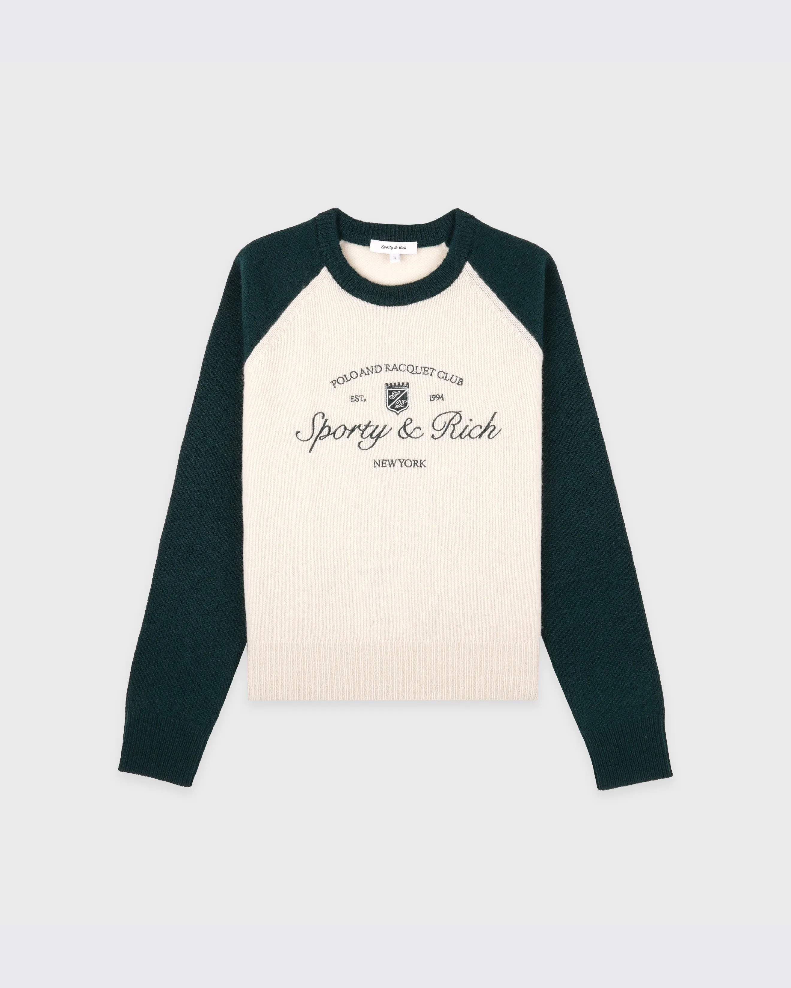 Syracuse Cashmere Baseball Sweater - Ecru/Forest sold by Sporty and Rich