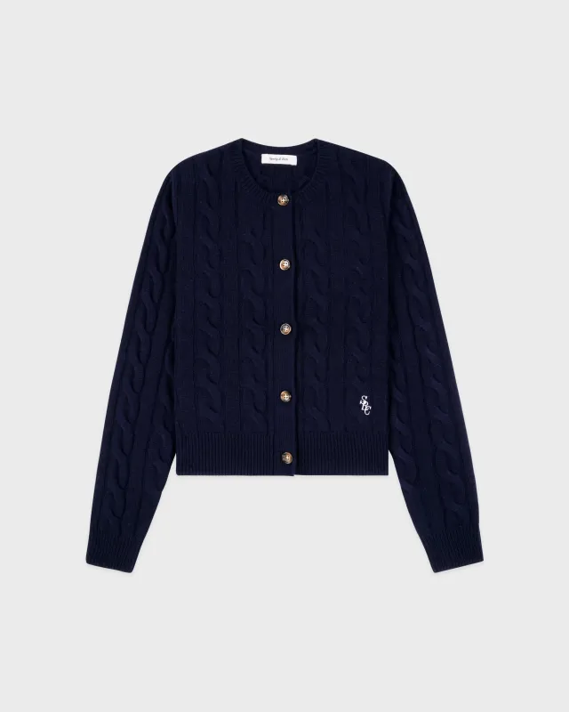 SRC Cableknit Cashmere Cardigan - Navy sold by Sporty and Rich