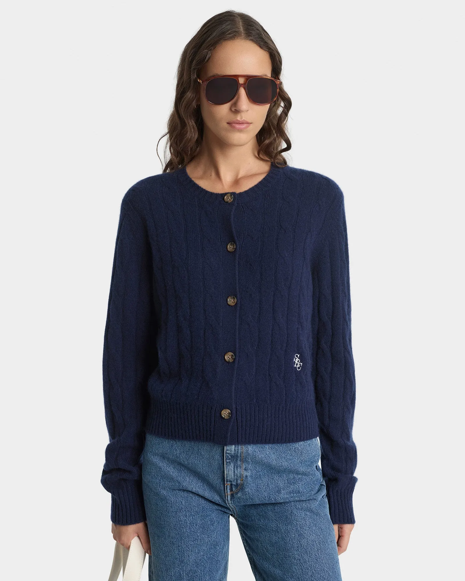 SRC Cableknit Cashmere Cardigan - Navy sold by Sporty and Rich product image thumbnail 3