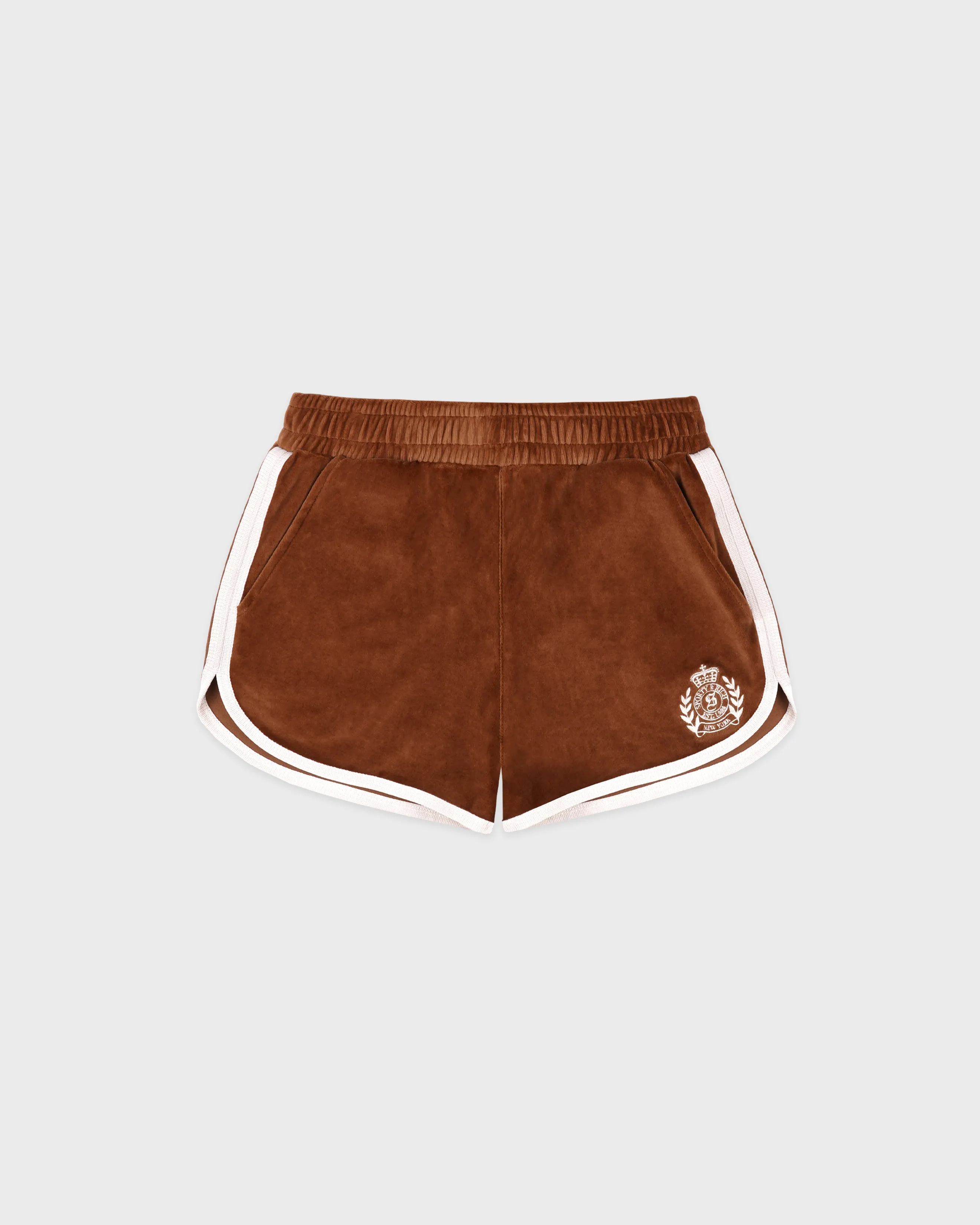 NY Crest Velour Track Short - Tobacco/White sold by Sporty and Rich