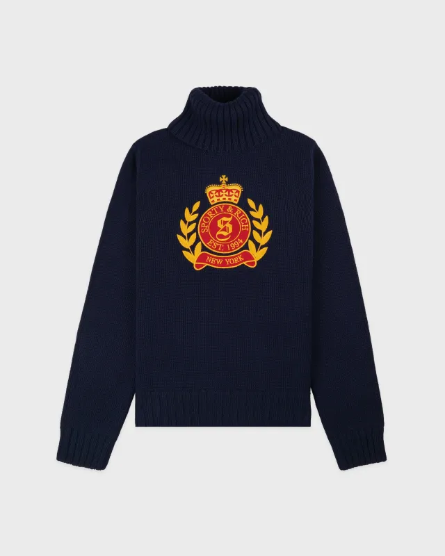 NY Crest Knitted Turtleneck - Navy sold by Sporty and Rich