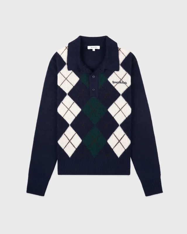 Serif Logo Argyle Cashmere Polo - Navy/Forest/Ecru sold by Sporty and Rich