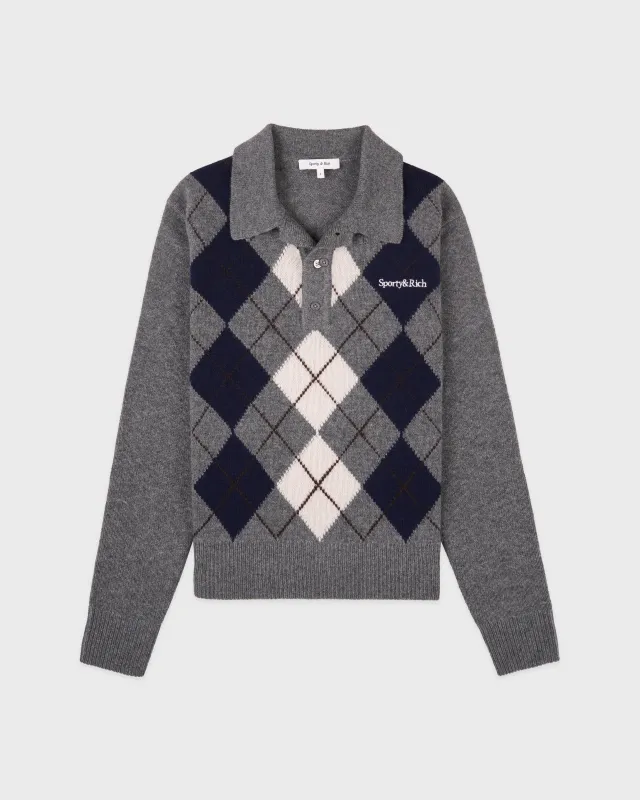 Serif Logo Argyle Cashmere Polo - Gray/Navy/Ecru sold by Sporty and Rich