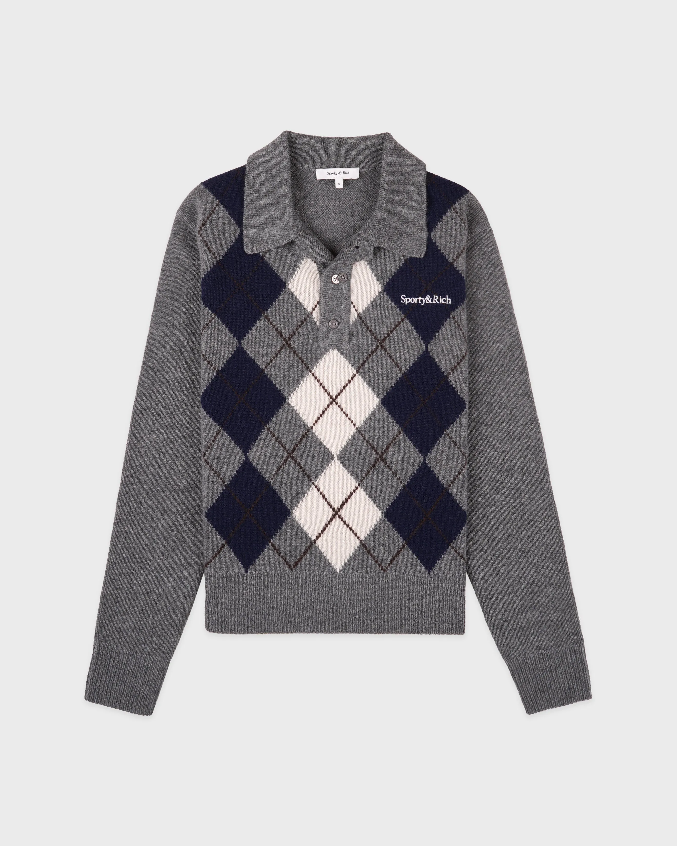 Serif Logo Argyle Cashmere Polo - Gray/Navy/Ecru sold by Sporty and Rich