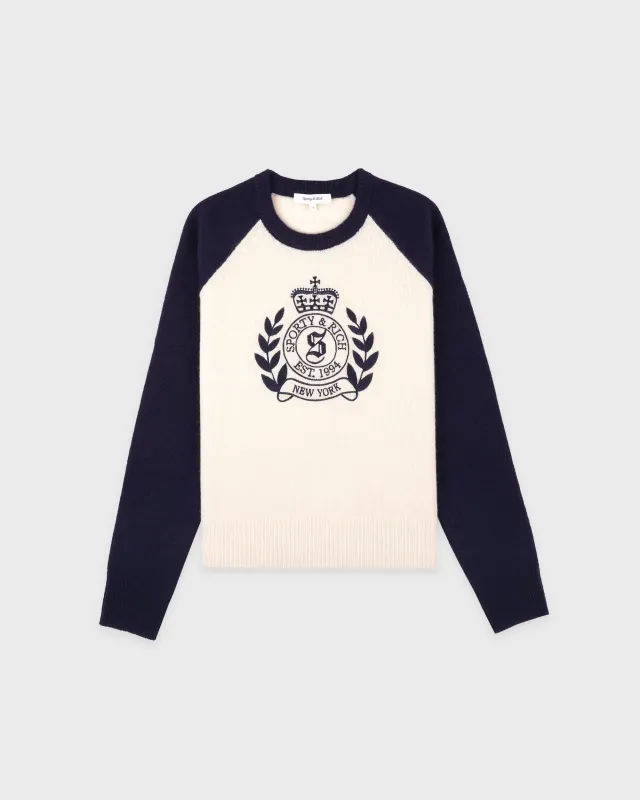NY Crest Cashmere Baseball Sweater - Ecru/Navy sold by Sporty and Rich