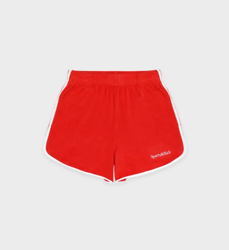 Serif Logo Terry Short - Bright Red/White sold by Sporty and Rich
