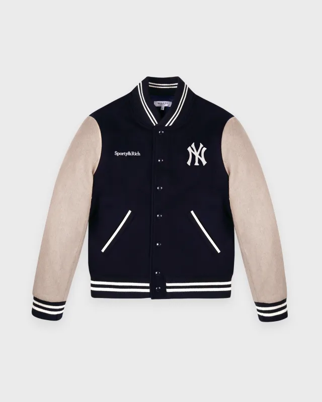 Yankees Curve Wool Varsity Jacket - Navy/Ecru made by Sporty and Rich