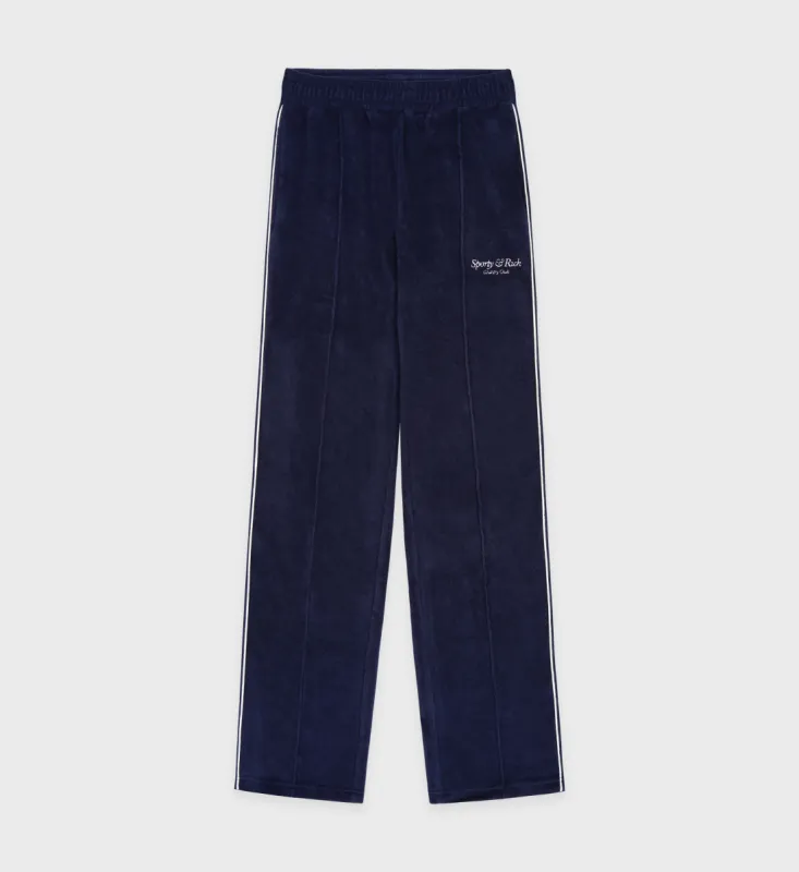 Script Velour Track Pants - Navy/Cream sold by Sporty and Rich