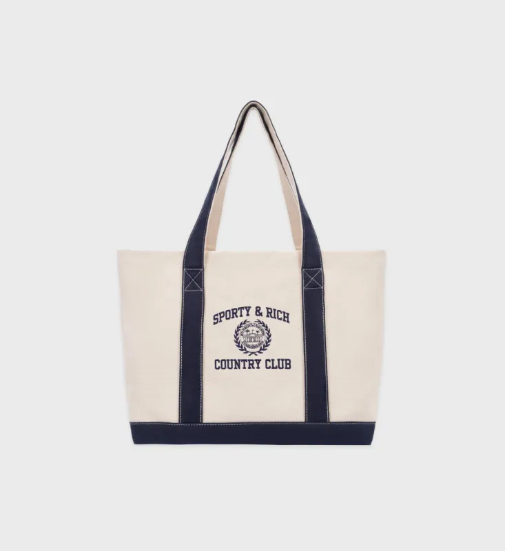 Varsity Crest XL Tote Bag - Natural/Navy sold by Sporty and Rich
