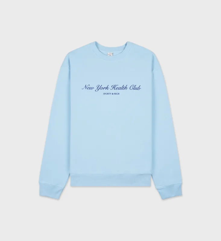 NY Health Club Flocked Crewneck - H2O/Navy sold by Sporty and Rich