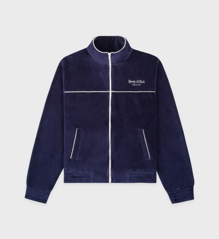 Script Velour Track Jacket - Navy/Cream sold by Sporty and Rich