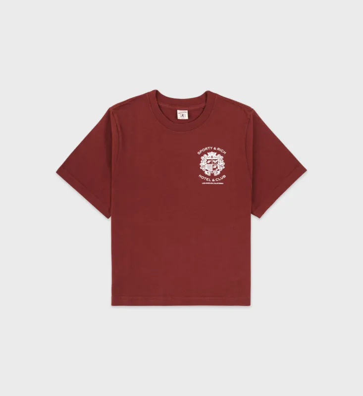Hotel Cropped T-Shirt - Maroon/White sold by Sporty and Rich