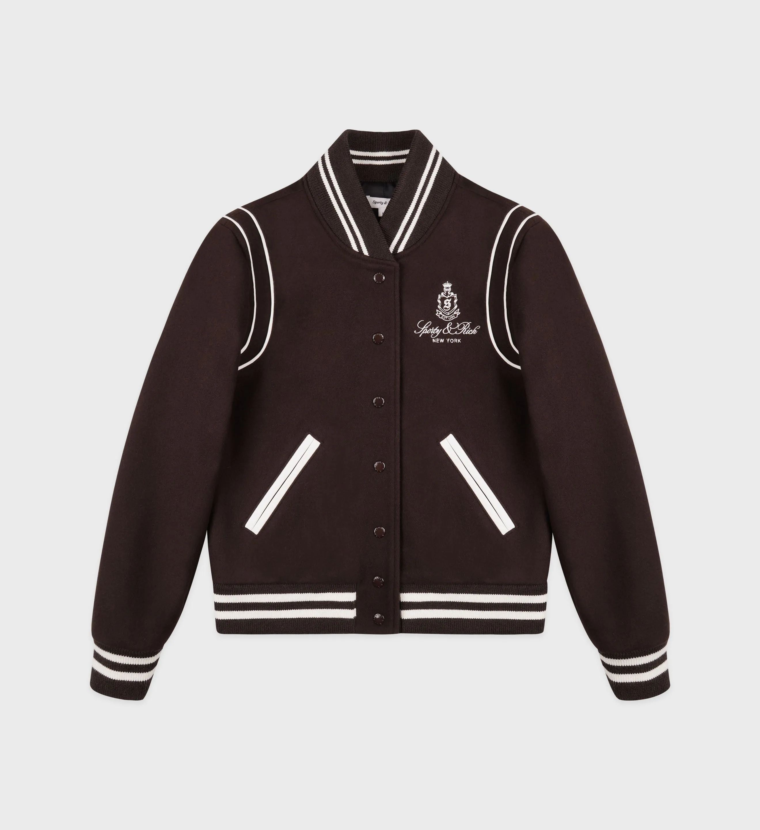 Vendome Wool Varsity Jacket - Chocolate/Cream sold by Sporty and Rich