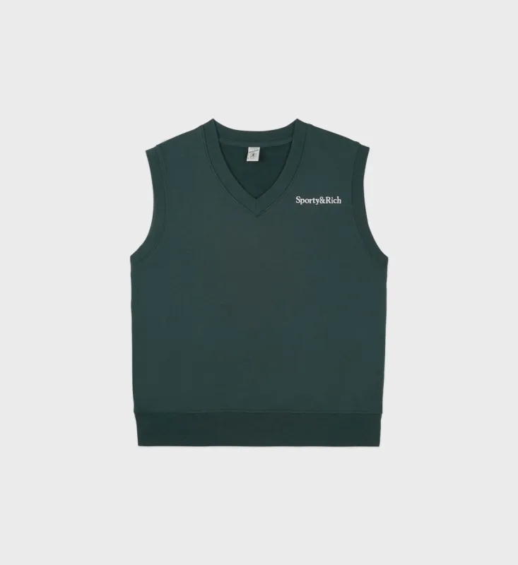 Serif Logo Embroidered V-Neck Vest - Forest/White sold by Sporty and Rich