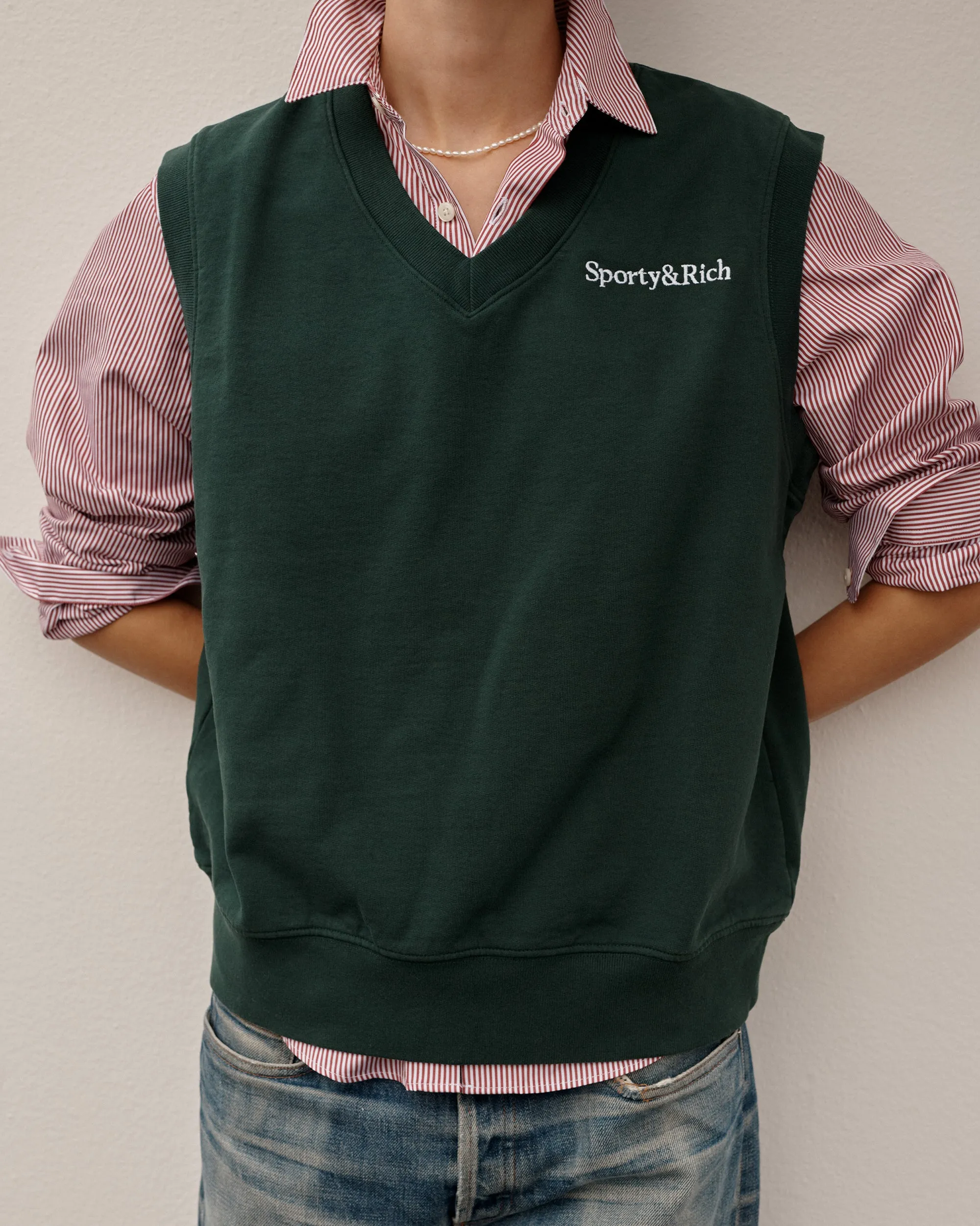 Serif Logo Embroidered V-Neck Vest - Forest/White sold by Sporty and Rich product image thumbnail 5