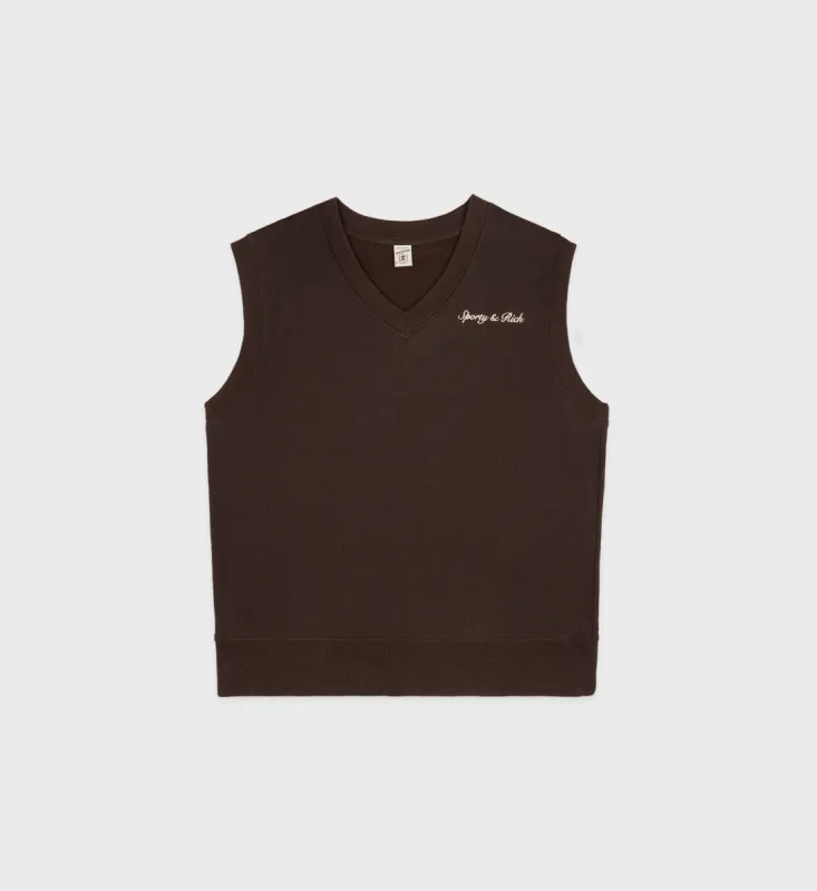 Syracuse Embroidered V-Neck Vest - Chocolate/Cream sold by Sporty and Rich