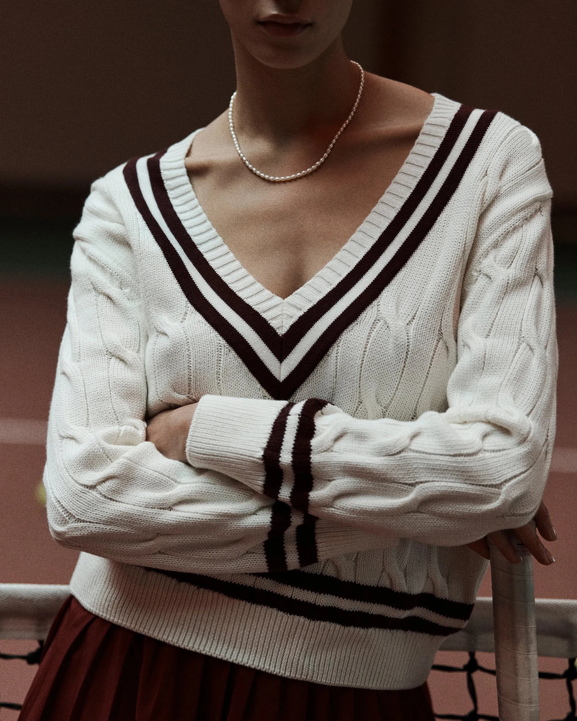 SRC Cableknit V-Neck Sweater - Off White/Merlot sold by Sporty and Rich product image thumbnail 5
