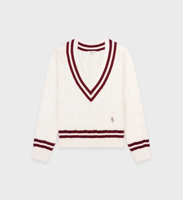 SRC Cableknit V-Neck Sweater - Off White/Merlot sold by Sporty and Rich