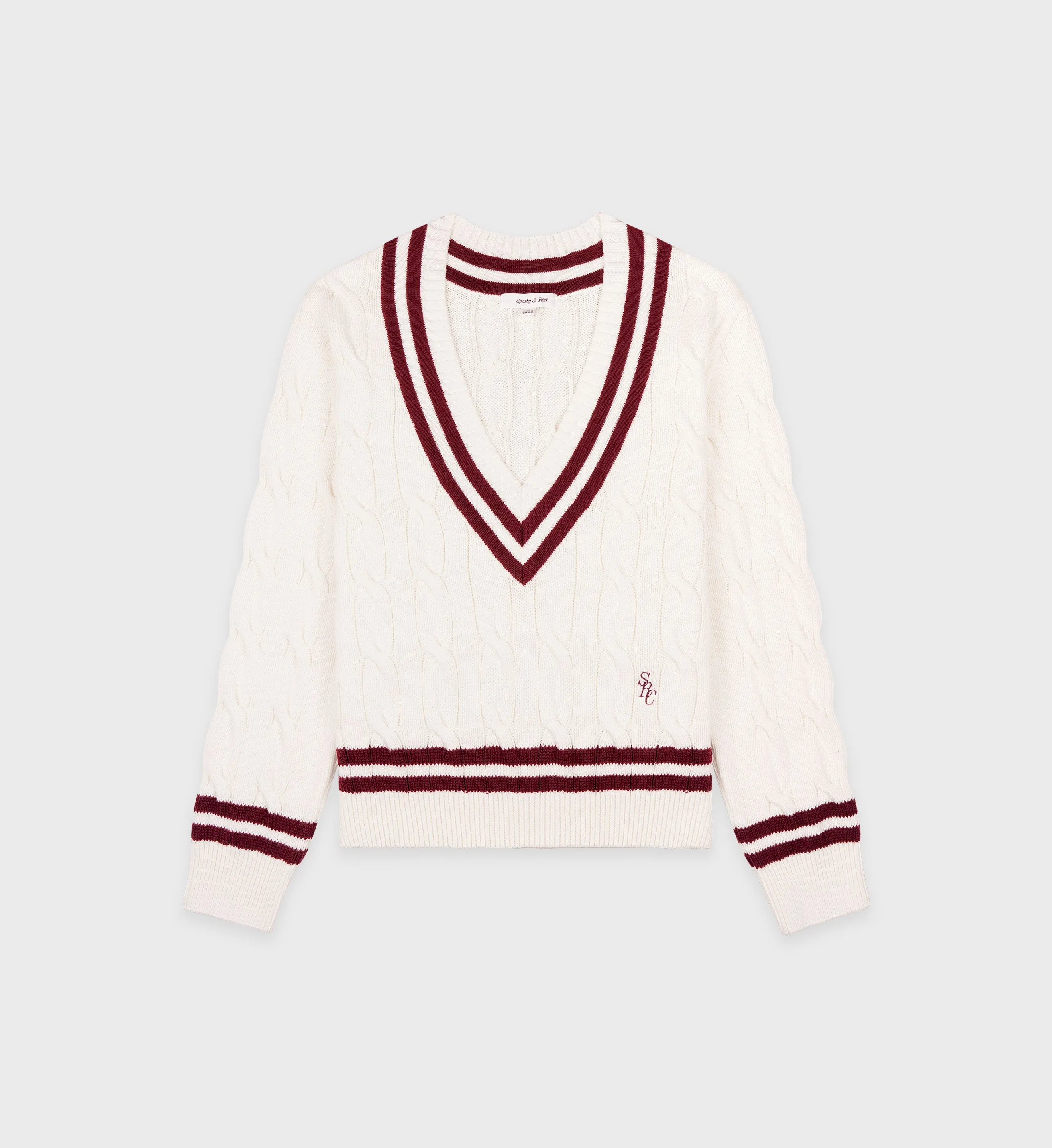 SRC Cableknit V-Neck Sweater - Off White/Merlot sold by Sporty and Rich