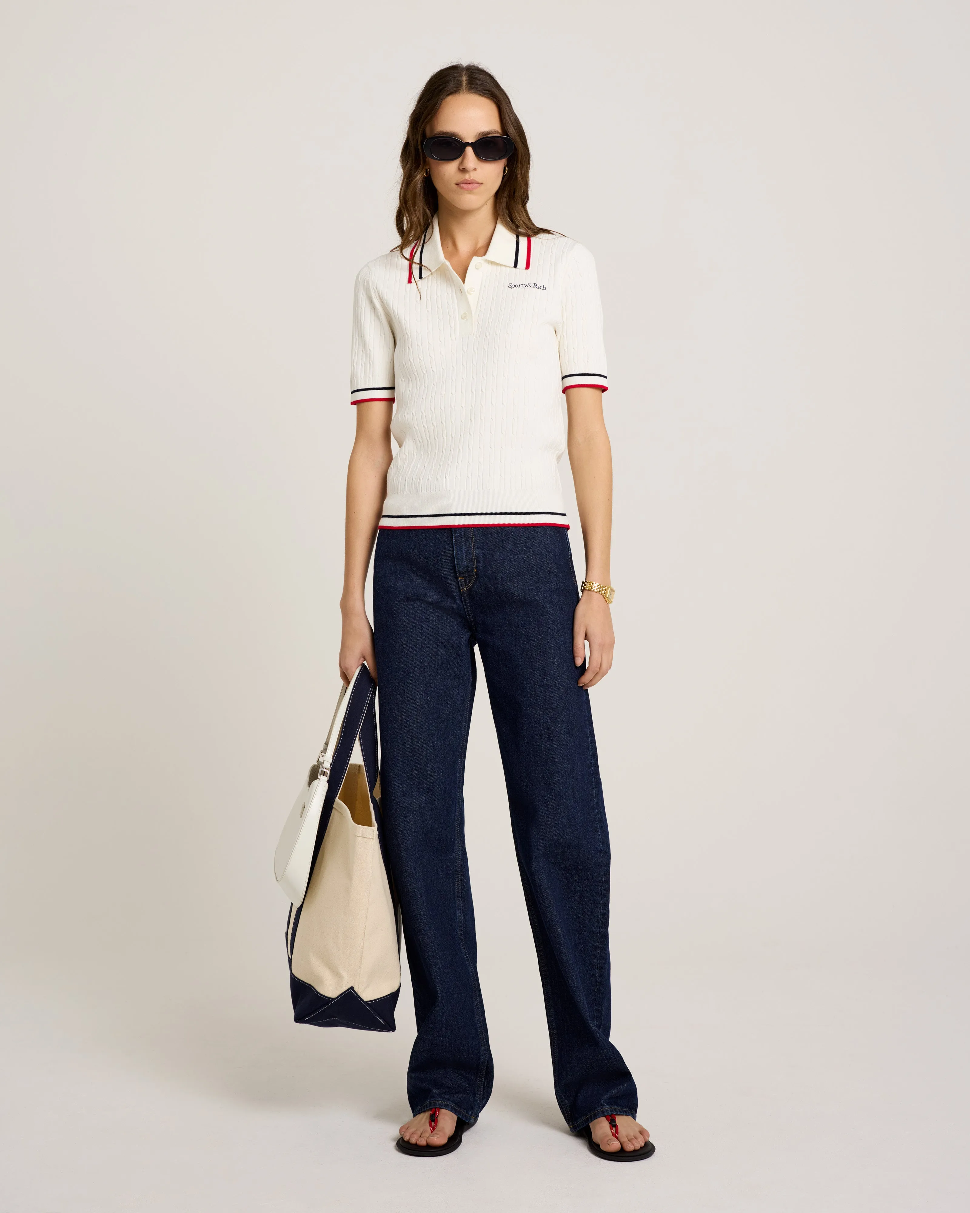 Serif Logo Mini Cable Polo - Off White/Navy/Red sold by Sporty and Rich product image thumbnail 3