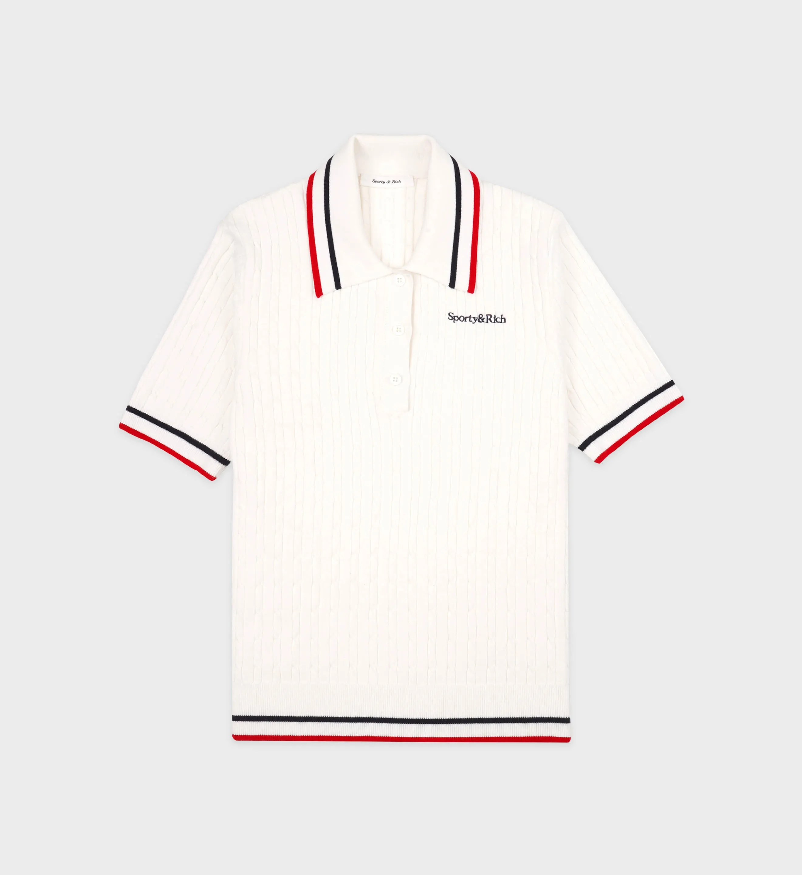 Serif Logo Mini Cable Polo - Off White/Navy/Red sold by Sporty and Rich