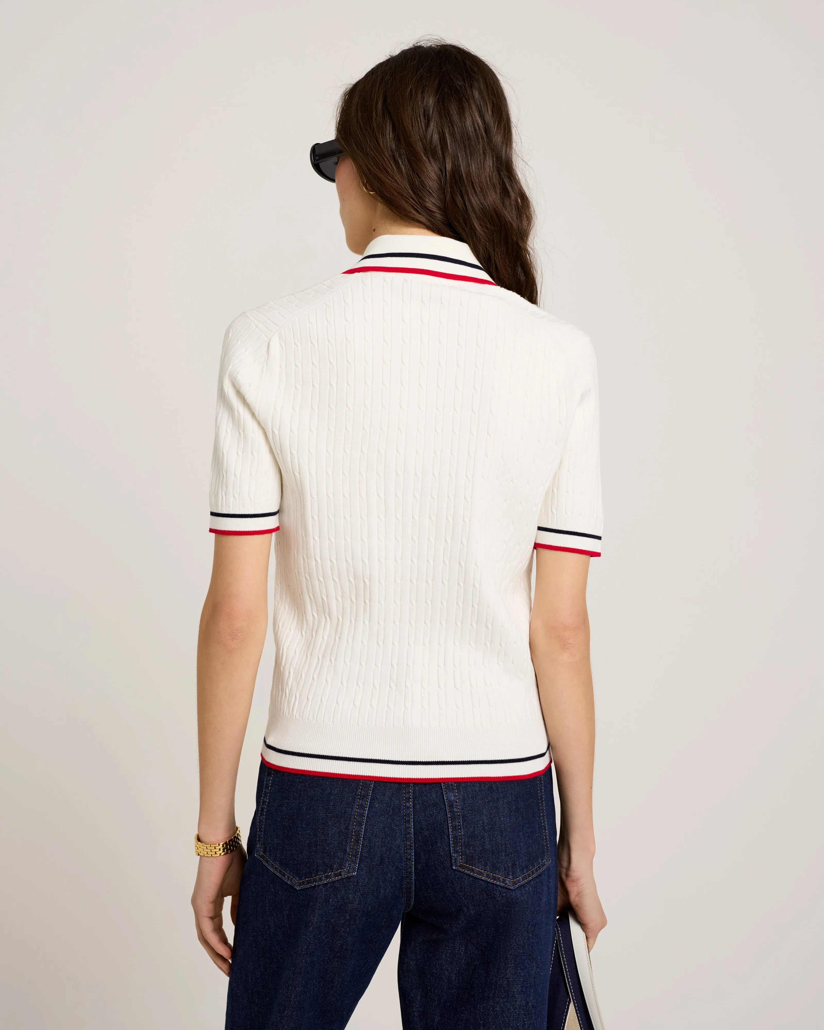 Serif Logo Mini Cable Polo - Off White/Navy/Red sold by Sporty and Rich product image thumbnail 5