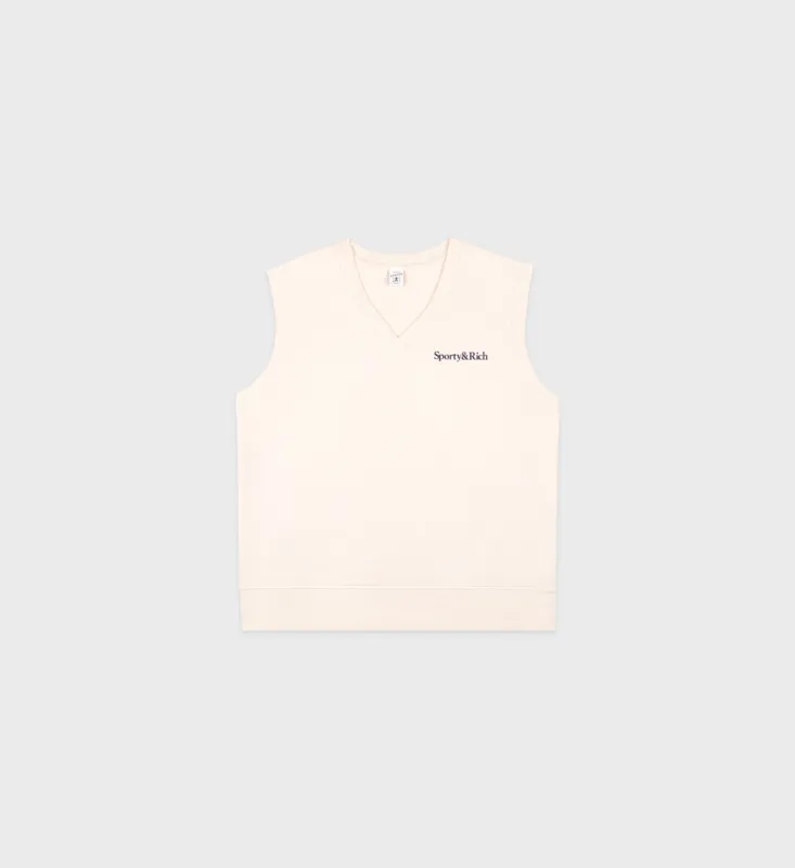 Serif Logo V-Neck Vest - Cream/Navy sold by Sporty and Rich