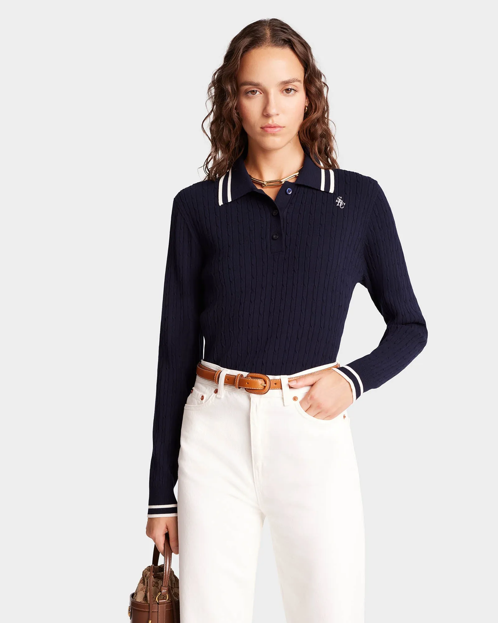 SRC Cableknit Polo - Navy/Cream sold by Sporty and Rich product image thumbnail 4