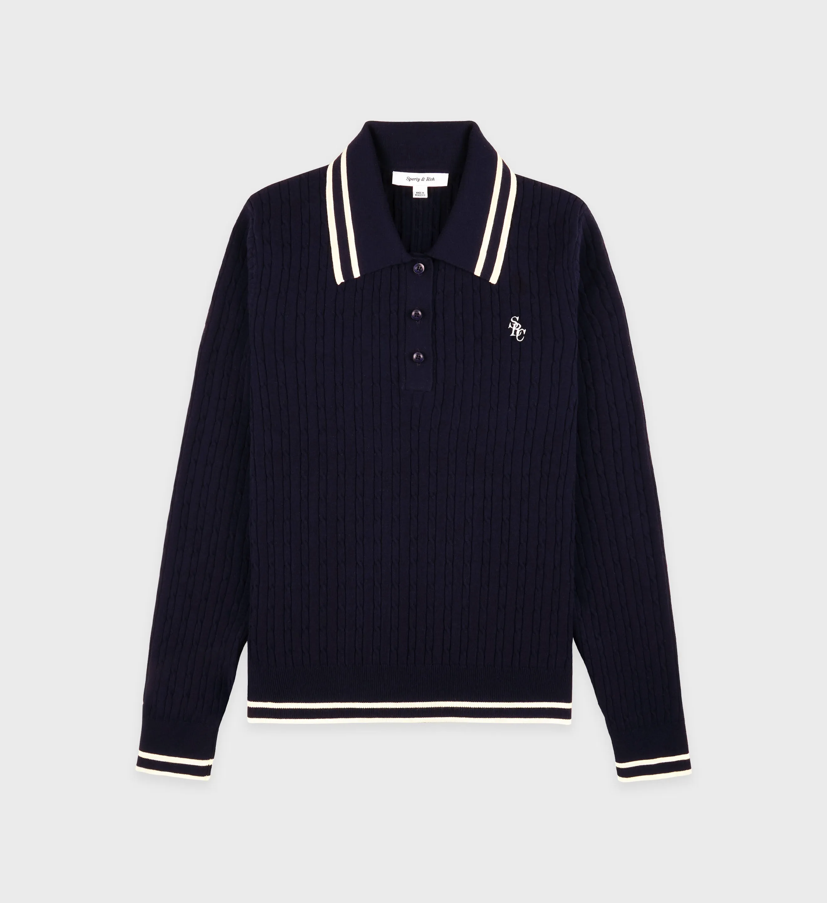 SRC Cableknit Polo - Navy/Cream sold by Sporty and Rich