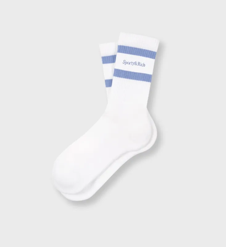 Serif Logo Striped Socks - White/Washed Hydrangea sold by Sporty and Rich