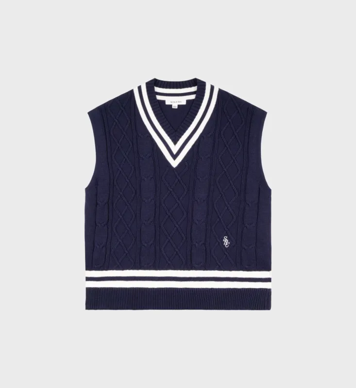 SRC Cableknit Vest - Navy/Cream sold by Sporty and Rich