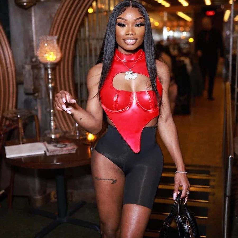 Astro Girl Plunge Halterneck Top - Red sold by Sassyluxe