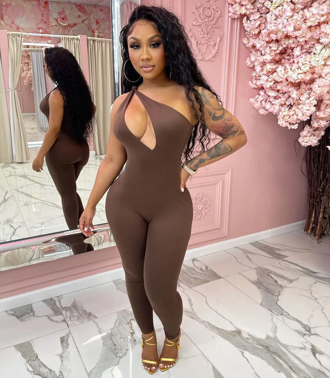 Sculpt Cut Out Jumpsuit - Brown sold by Sassyluxe