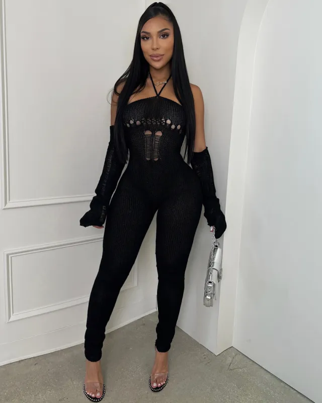 Nikera Crochet Knit Jumpsuit - Black sold by Sassyluxe