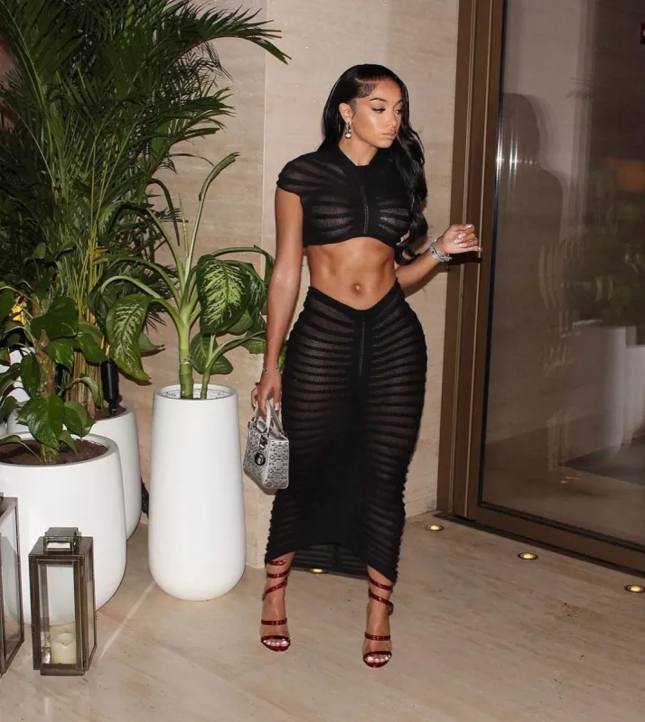Kim Striped Sheer Knit Maxi Skirt Set - Black sold by Sassyluxe