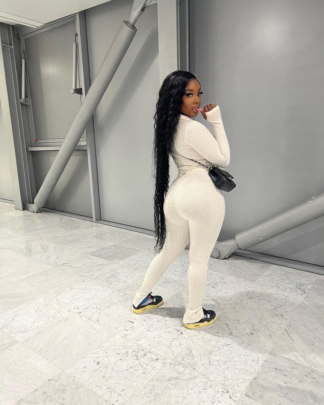 Harlow Button Knit Ribbed Jumpsuit Set - Beige sold by Sassyluxe product image thumbnail 2