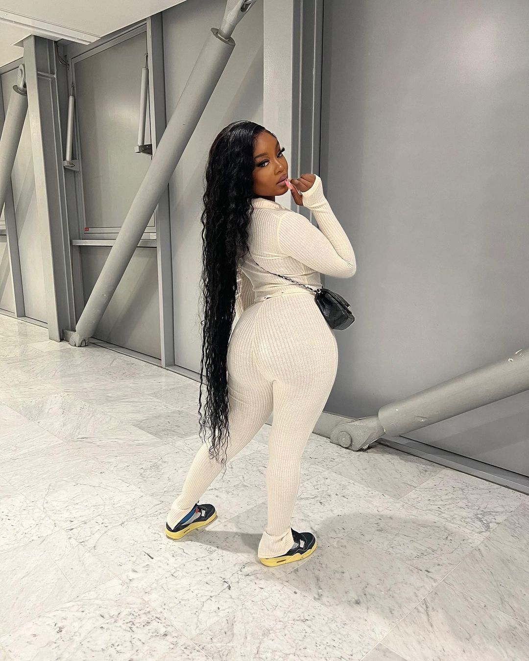 Harlow Button Knit Ribbed Jumpsuit Set - Beige sold by Sassyluxe product image thumbnail 5