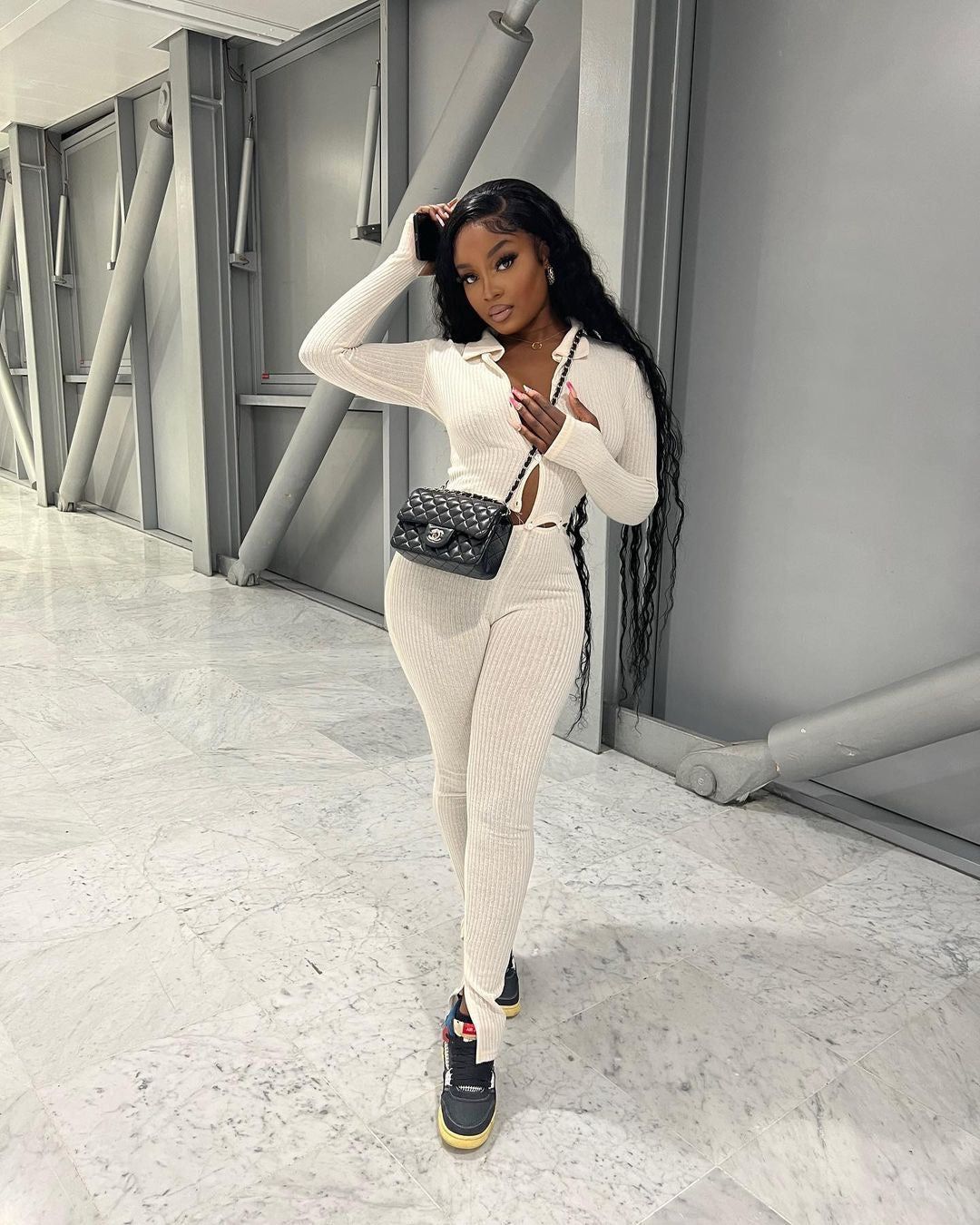 Harlow Button Knit Ribbed Jumpsuit Set - Beige sold by Sassyluxe