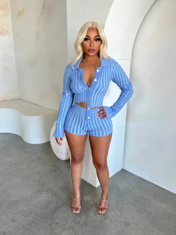 City Girl Button Up Top & Shorts Set - Blue sold by Sassyluxe