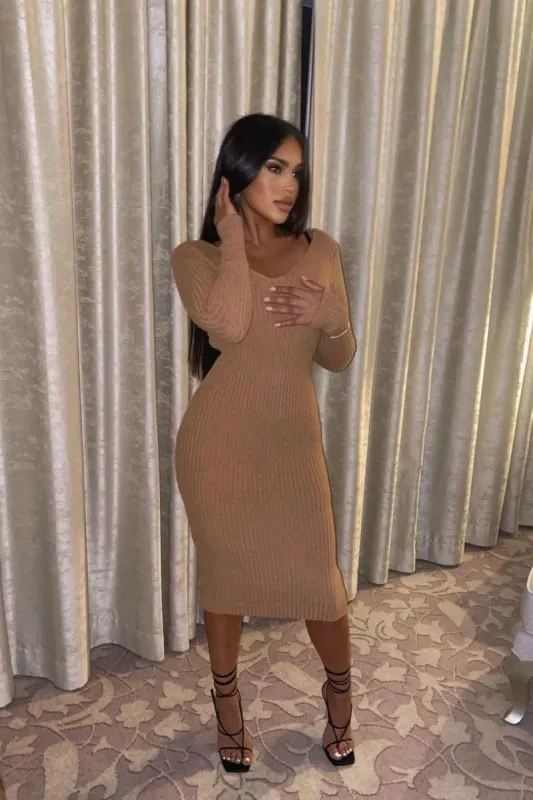 Kayla Rib Knit Dress - Brown sold by Sassyluxe