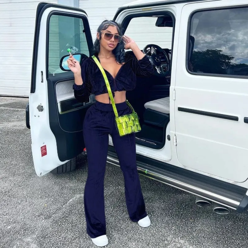 Material Girl Velour Lounge Set - Dark Blue sold by Sassyluxe