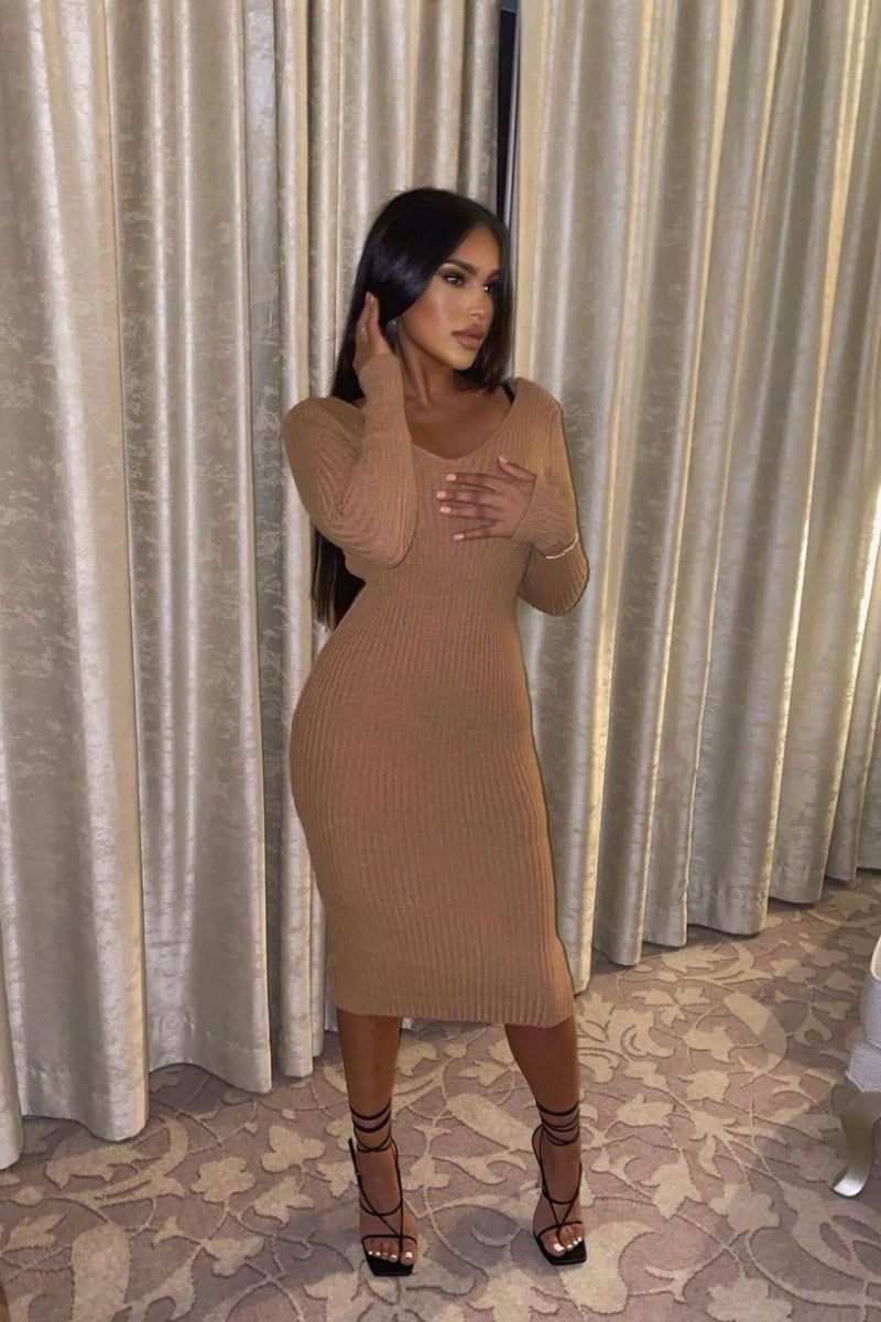 Kayla Rib Knit Dress - Brown sold by Sassyluxe