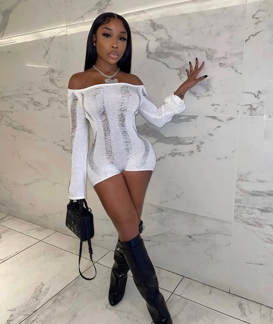 Ratchet Crochet Knit Romper - White sold by Sassyluxe