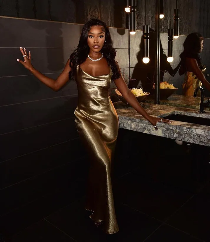 Majestic Elegance Satin Dress - Gold sold by Sassyluxe