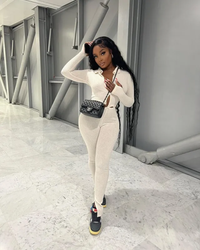 Harlow Button Knit Ribbed Jumpsuit Set - Beige sold by Sassyluxe